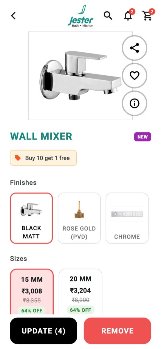Jester Bath app: product with finishes, sizes and dealer price