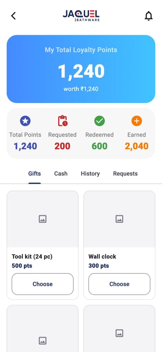 Loyalty points screen with total, requested and redeemed points
